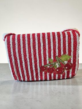 NWT STUDIO TAG SM. Red & White Striped Beaded Cherry SHOULDER BAG.